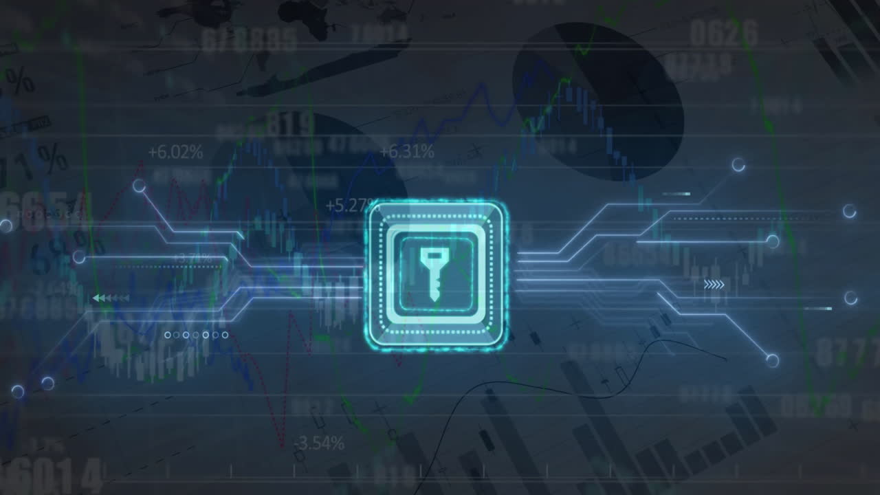 Animation of key icon, digital data processing and circuit board over computer servers