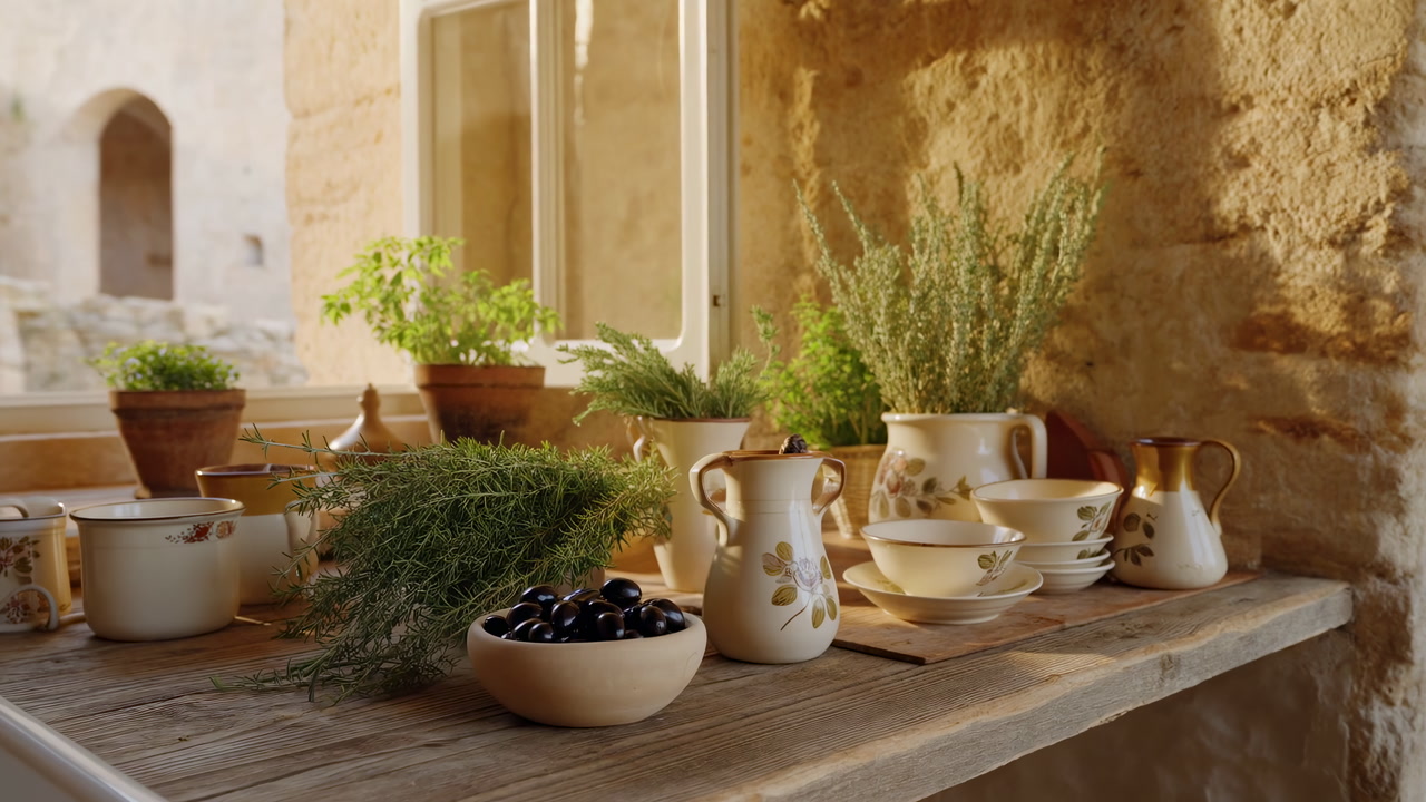 Sunlit Rustic Windowsill With Herbs And Ceramicware Terracotta Pots, Painted Pitchers, Bowl Of Black Olives