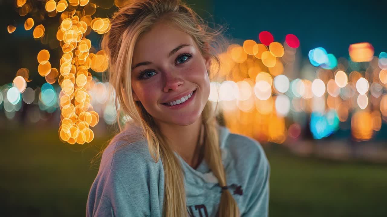 A Cheerful Moment Captured: Bright Smiles Against a Backdrop of Enchanting Lights in the Evening, Showcasing Joy and Warmth on a Beautiful Night