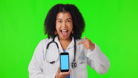 Woman,-surprise-and-doctor-with-phone-on-green