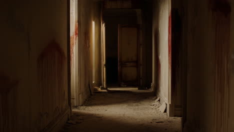 abandoned hallway with bloodstains