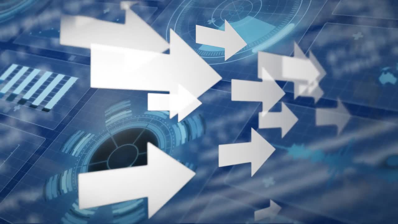 파란색 배경의 데이터 처리와 함께 디지털 인터페이스에 대해 이동하는 여러 화살표