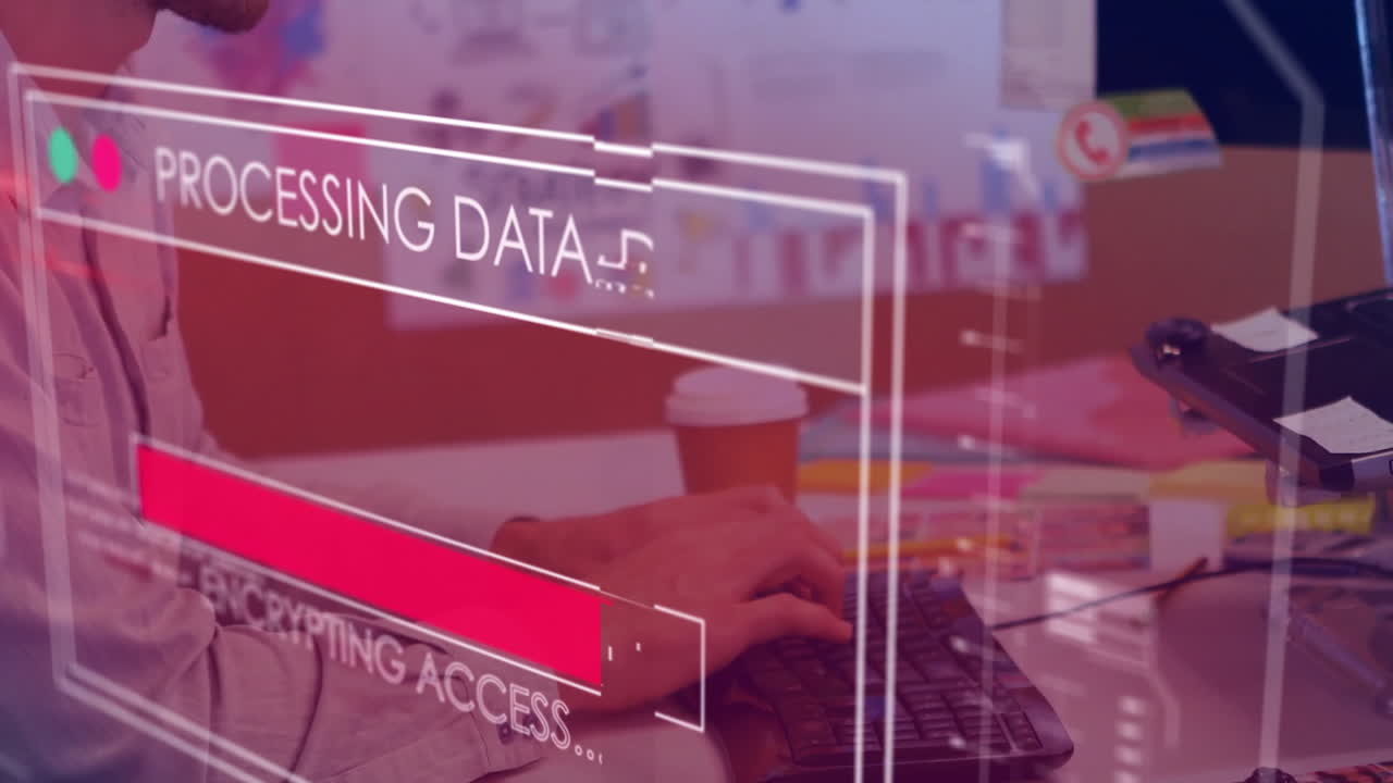 animación de procesamiento de datos sobre las manos de un hombre de negocios caucásico escribiendo en el teclado