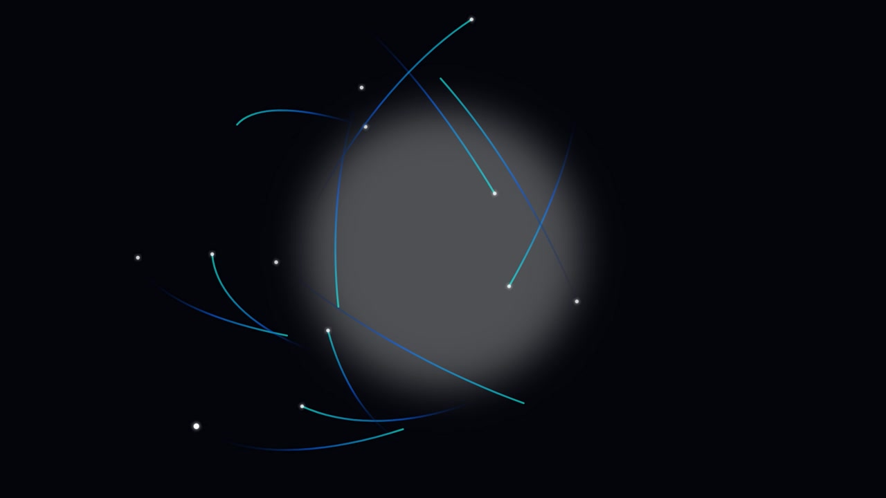 Grafica in movimento astratta di particelle luminose che orbitano attorno a una sfera centrale