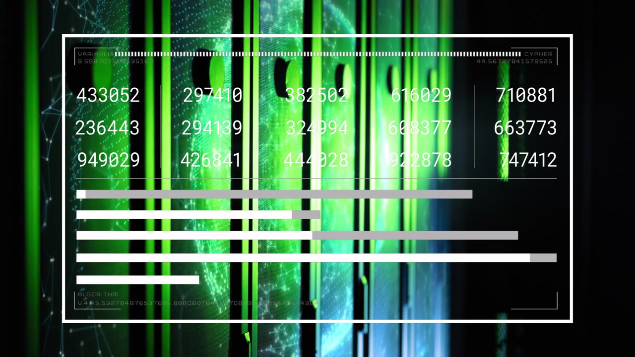 Vertical video: HUD frame appearing on server rack animating numbers and growing bars tracking load