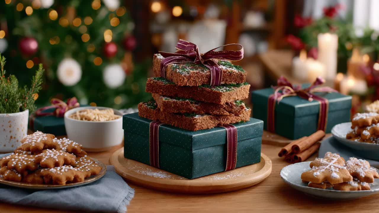 Festliche Leckereien für die Feiertage: Ein wunderschön dekorierter Stapel Kekse, umgeben von Geschenken, Kerzen und Weihnachtsdekorationen, perfekt, um die Saison zu feiern