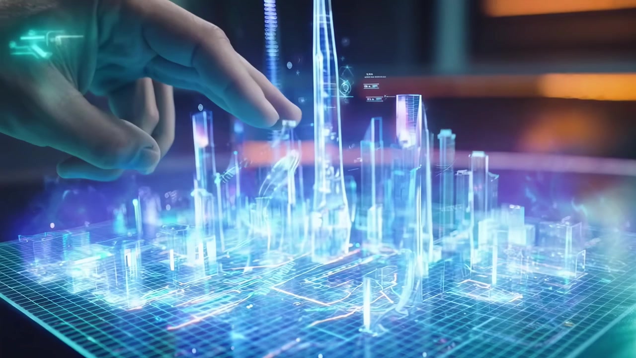 Hand Interacting with Futuristic Holographic Smart City Model