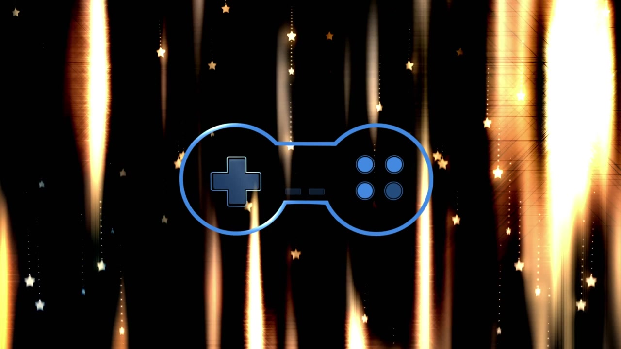 Animation of gamepad icon over stars and light trails on black background
