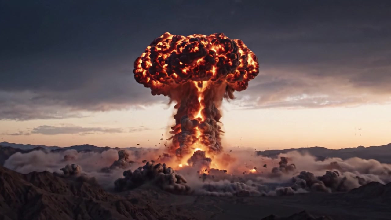 Dramatic Sequence of a Catastrophic Explosion: Witnessing the Immediate Aftermath as a Massive Cloud of Smoke and Debris Erupts into the Skies Over a Desert Landscape