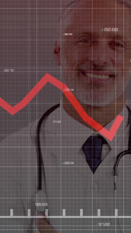 animation of financial data over happy senior caucasian male doctor