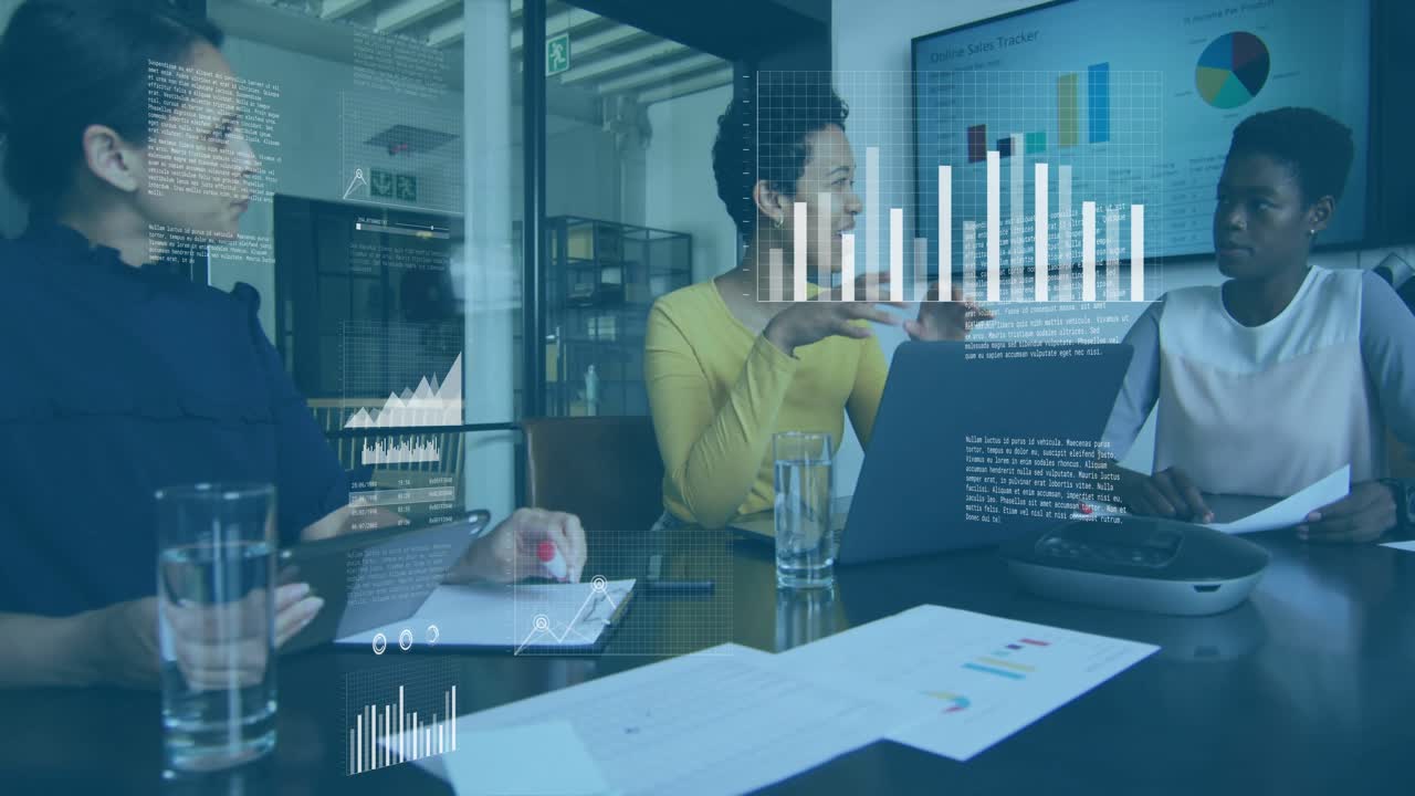 Center woman leading business meeting, causing charts animating over table and screen guiding team