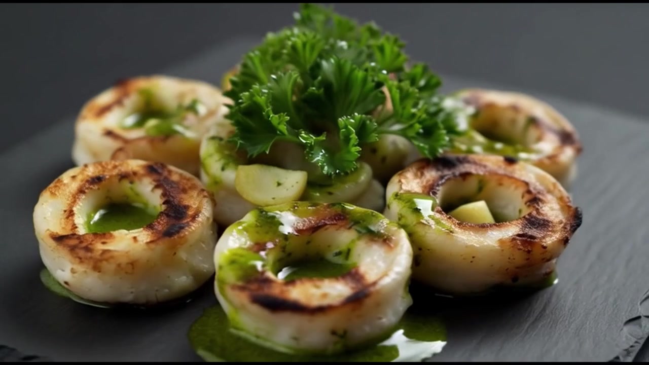 Grillede calamari-ringe serveret med krydderurtesauce på skiferplade