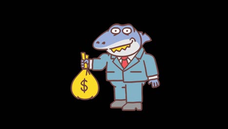 el jefe tiburón de pie señala a la bolsa de dinero y sonríe. fotograma por fotograma de animación. canal alfa