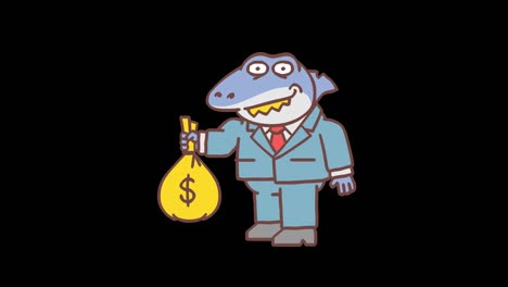 boss shark standing points to bag of money and smiles. frame by frame animation. alpha channel