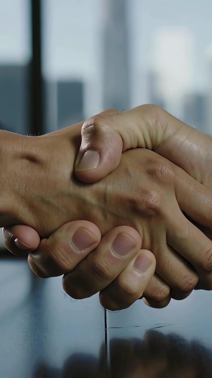 Vertical video: Shaking two hands entering to greet, forming grip on office table mirroring skyline