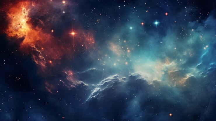 A mesmerizing cosmic scene with vibrant nebulae and stars, captured from a wide-angle perspective