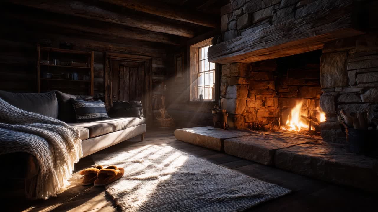 Cozy Living Room with Inviting Fireplace and Soft Lighting Creating a Warm Atmosphere in a Rustic Log Cabin Setting Perfect for Relaxation and Comfort