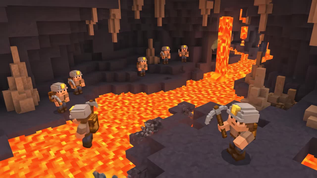 Blocky Miners Exploring a Lava-Filled Cave with Pickaxes