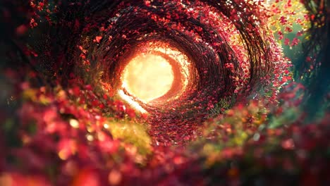 a tunnel of red flowers with a bright light at the end