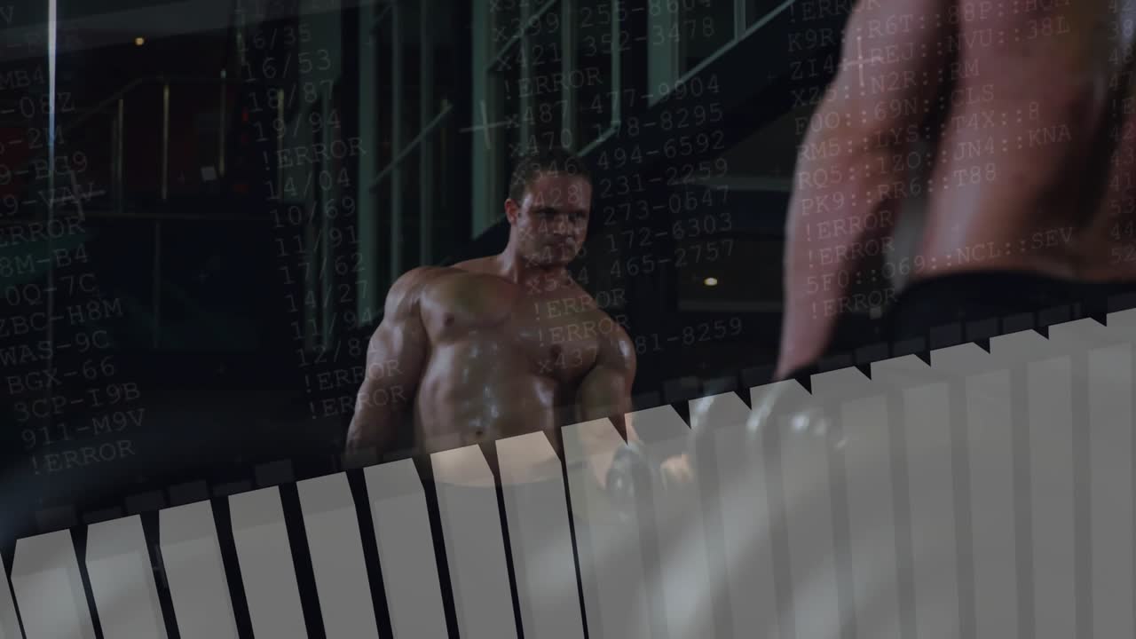 Camera pulling back, man performing dumbbell curls in gym, mirror overlay charts tracking strength