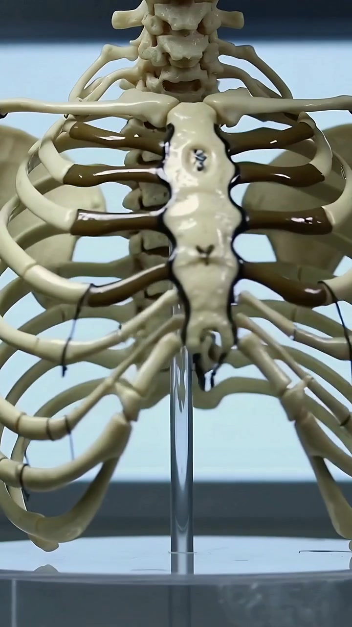 Vertical video: Panning camera showing resin coating ribcage model for demo, marked sternum, blinds