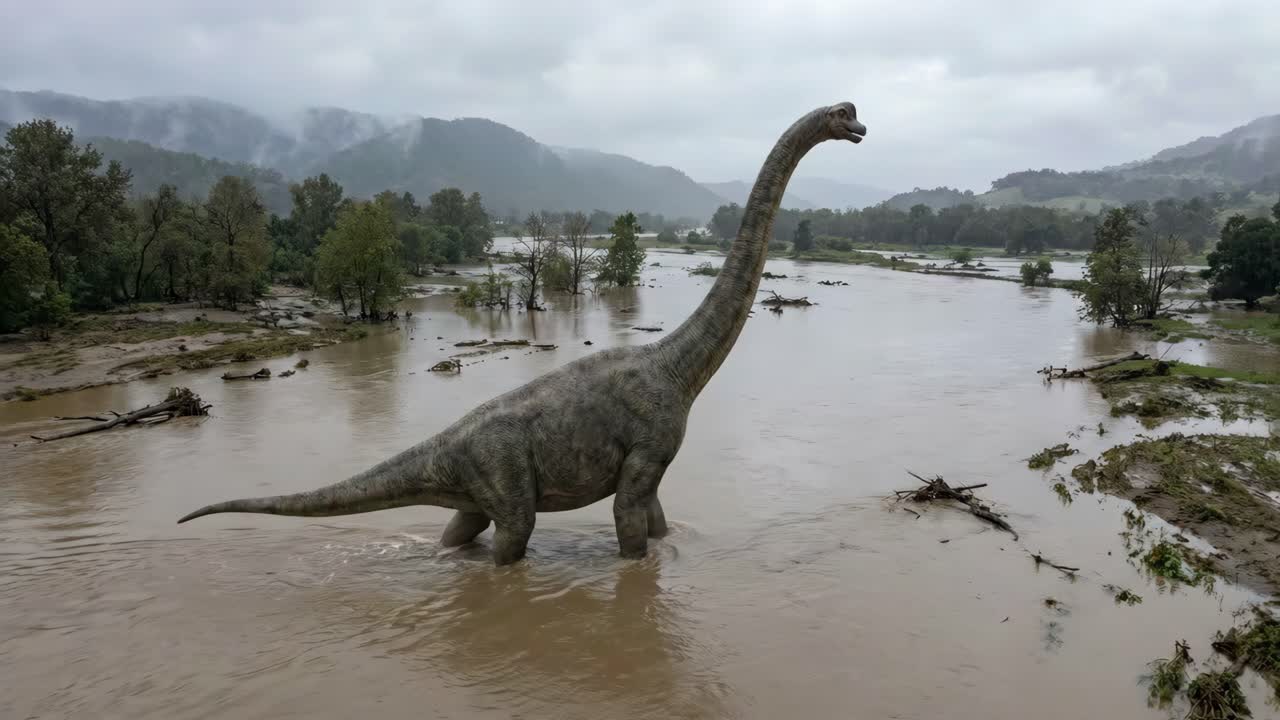 Brachiosauro in un fiume in piena