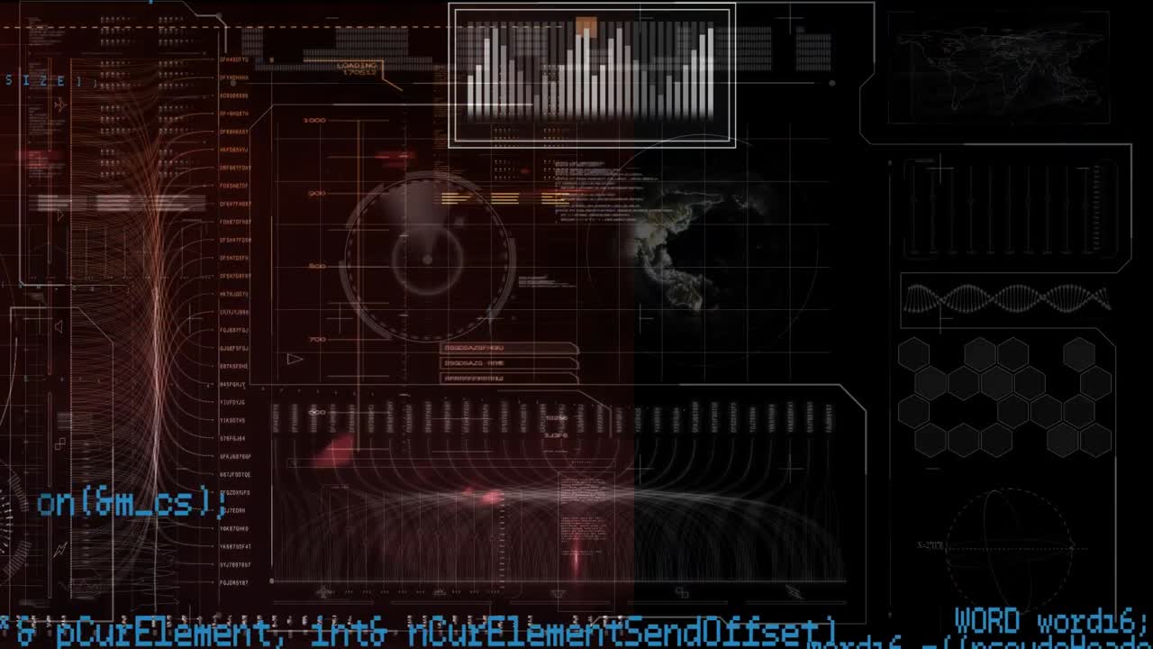 Animation of interface with scanner, globe and blue processing data