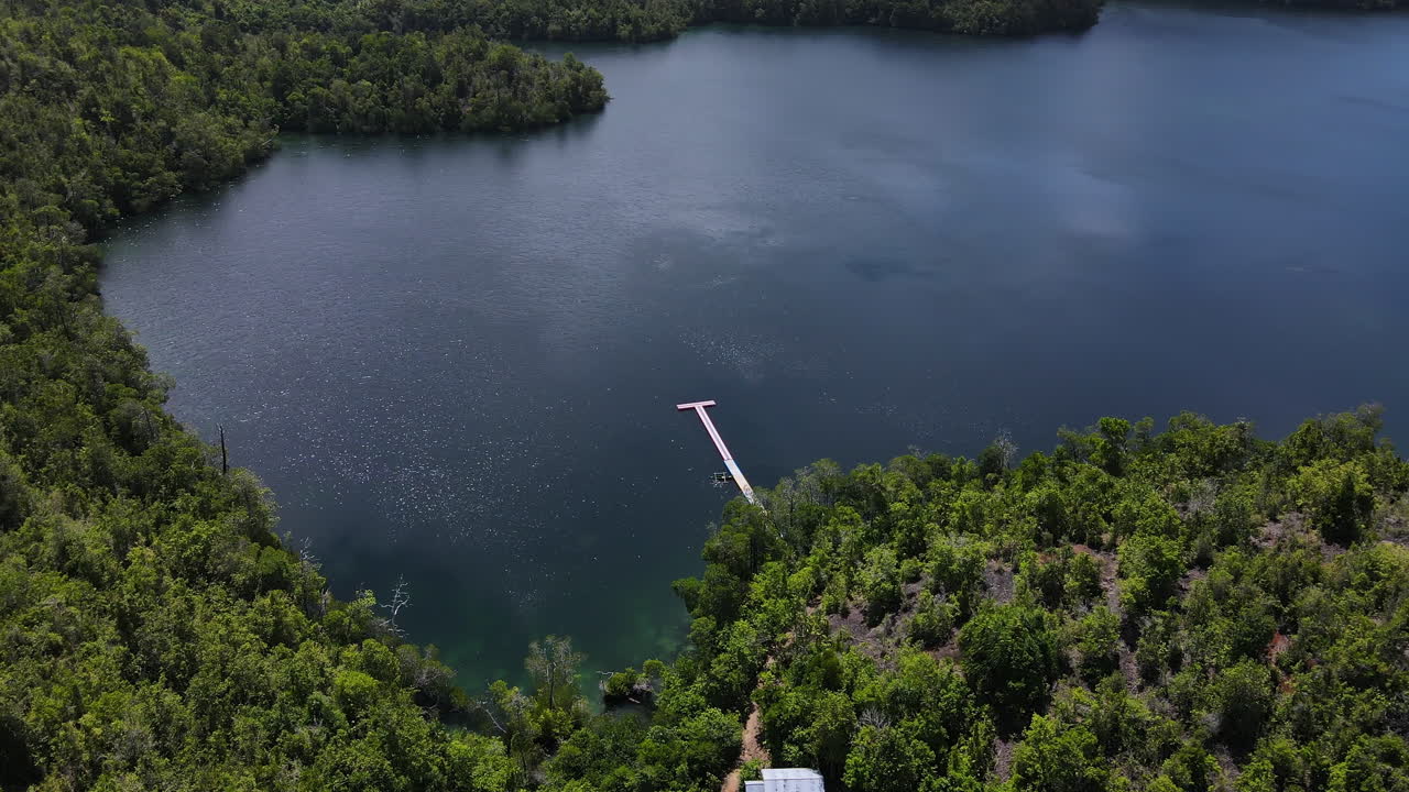 A Stunning View of Lake Matano, Surrounded by Lush Green Forest and a Wooden Jetty, in Sulawesi, Indonesia - Aerial Drone Shot