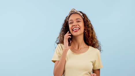 smile, phone call and woman in a studio laughing