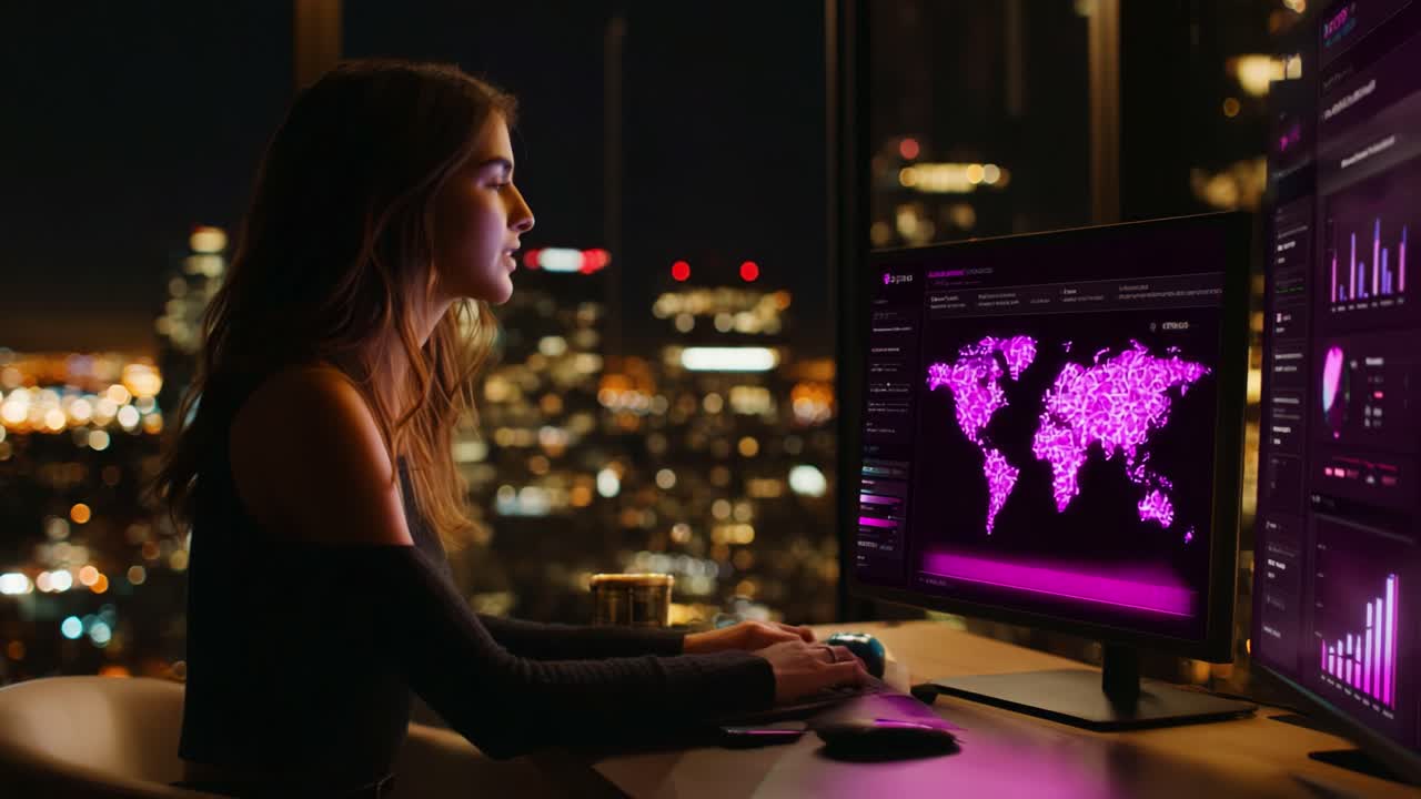 A focused young woman works late at night in an urban setting, analyzing digital maps and data visualizations on her computer screen against a backdrop of city lights and skyscrapers