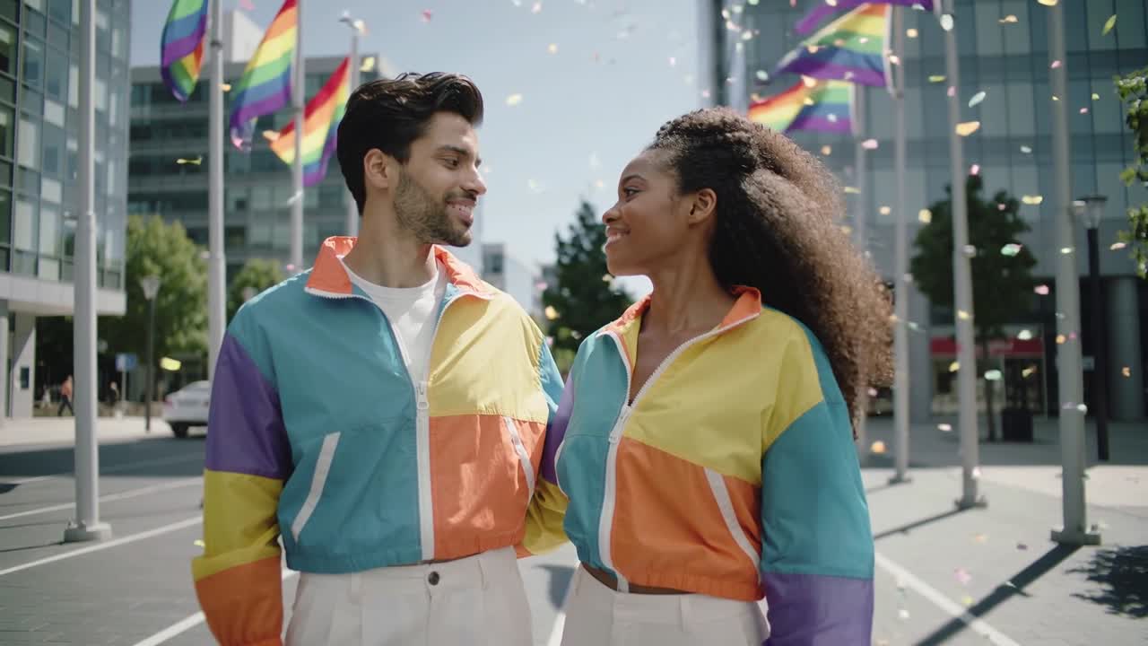 Confetti starting to fall couple walking pausing on city st in pride jackets celebrating by flags