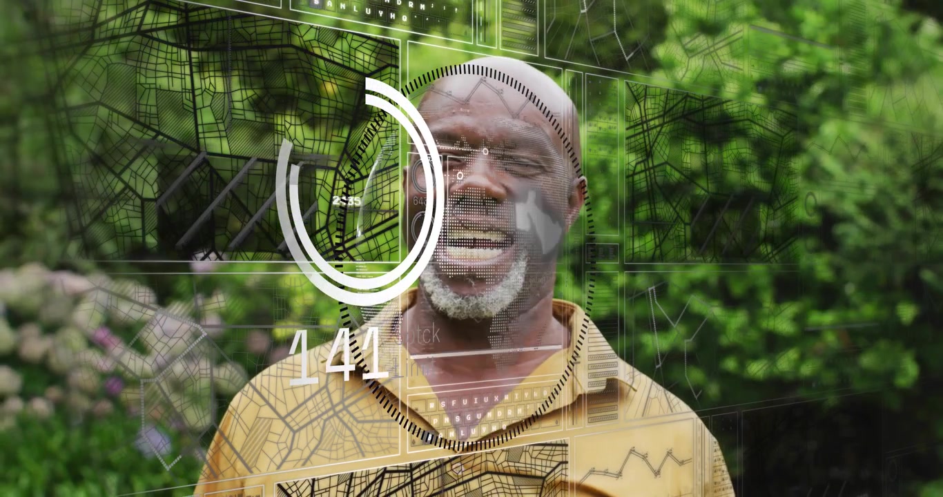Senior man in garden smiling, laughing as AR HUD overlaying body with map and meter rising