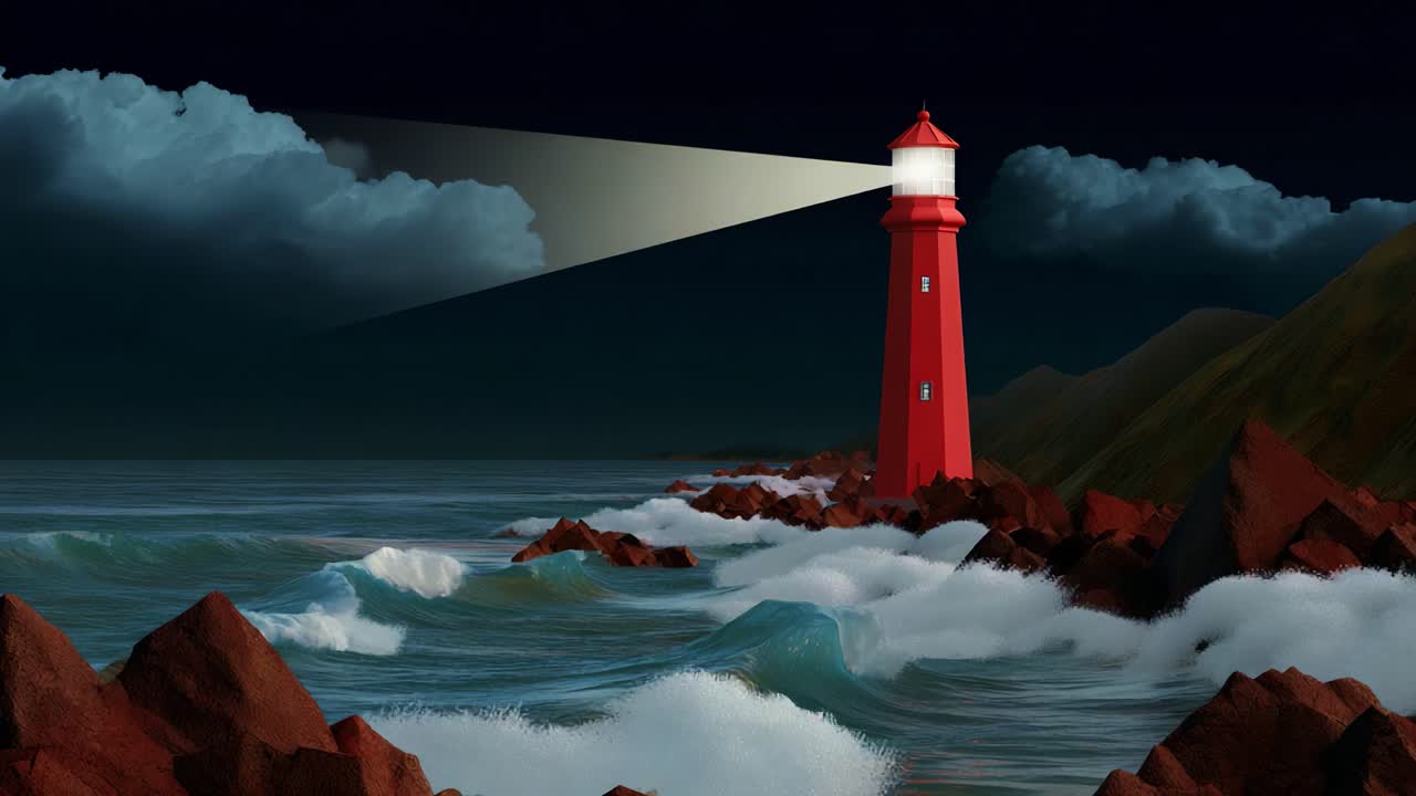 A striking seaside scene featuring a luminous red lighthouse casting its guiding light across tumultuous ocean waves, creating a dramatic contrast against a dark, atmospheric sky full of clouds