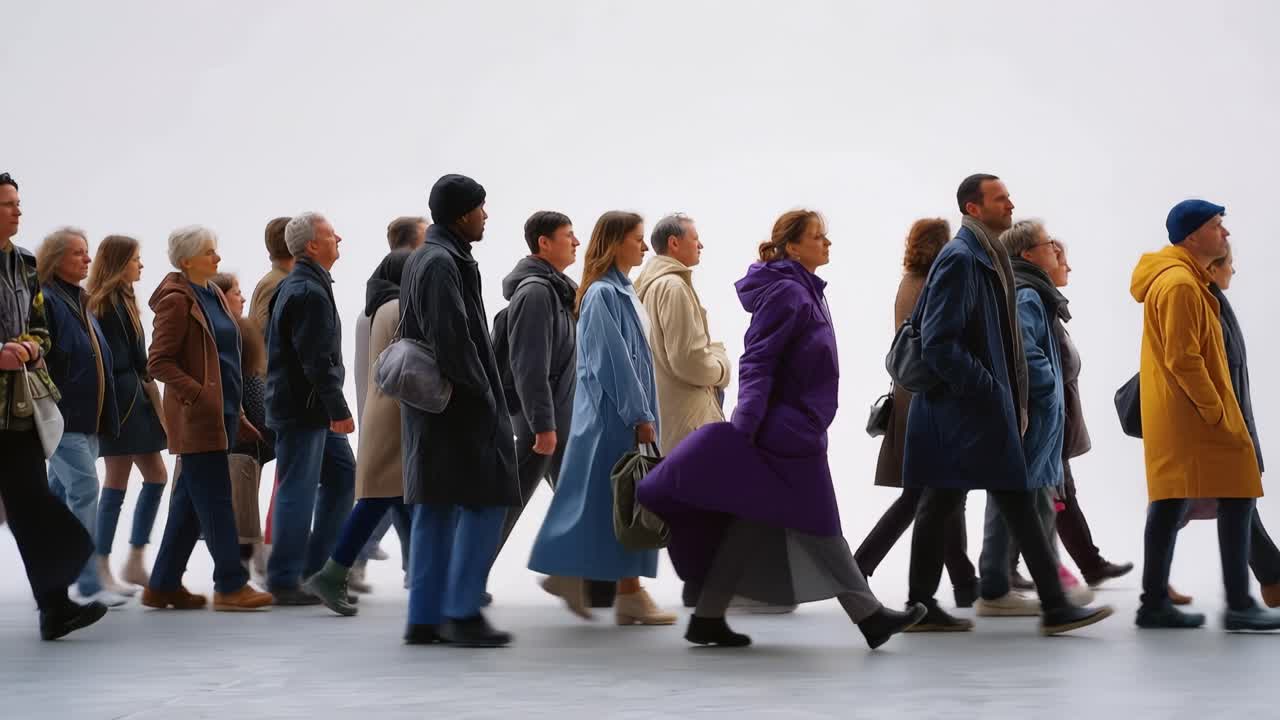 Persone camminano fianco a fianco, avanzando all'unisono. Indossano cappotti diversi, mostrando stili e colori differenti. Le loro espressioni sono neutre, suggerendo un movimento mirato.