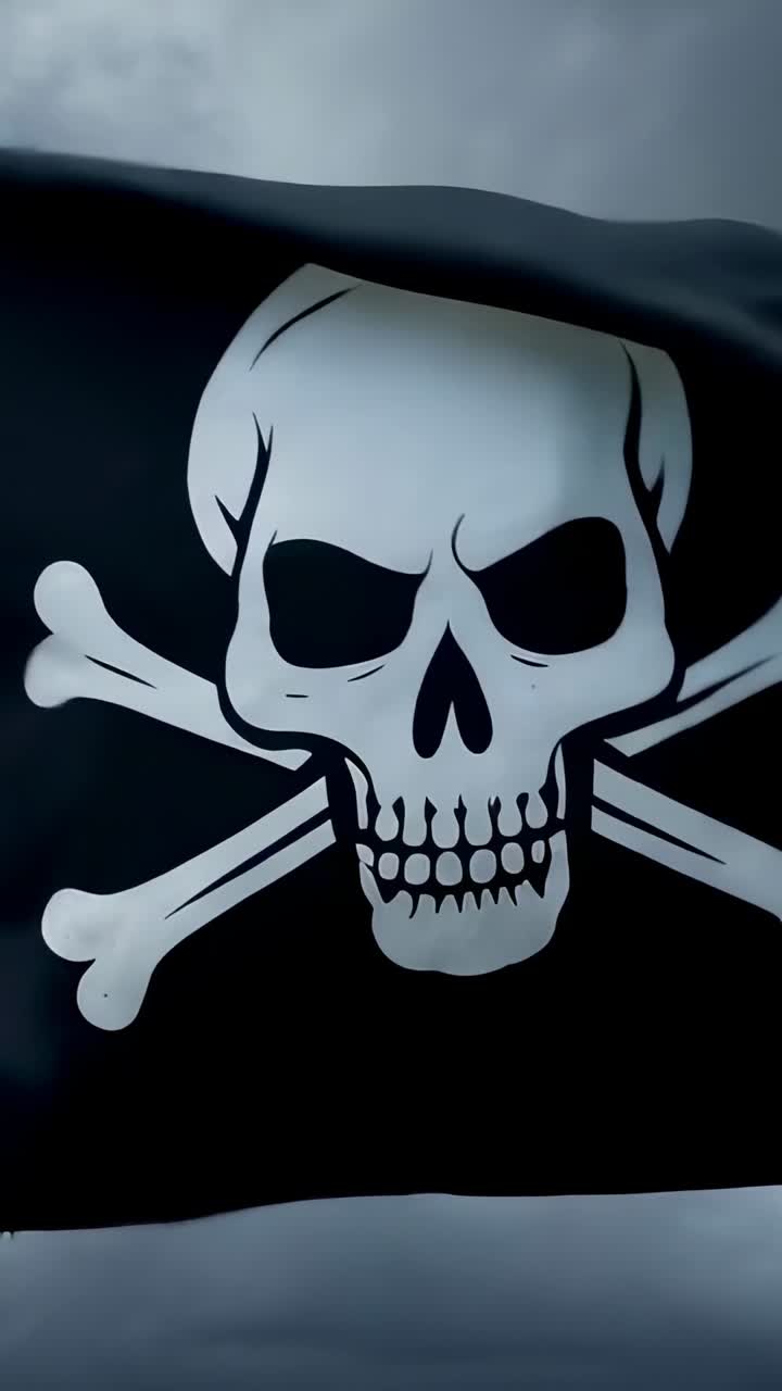 Vertical video: Waving black flag showing white Jolly Roger, wind lifting fabric under gray sky