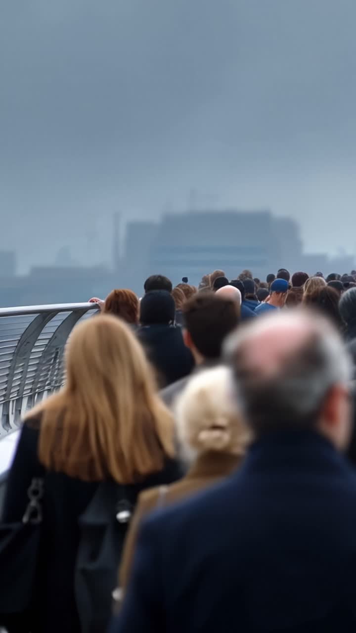 Uma Multidão Densa Navega por uma Atmosfera Cinzenta, Capturando a Essência do Movimento e da Unidade Entre Indivíduos em um Cenário Urbano