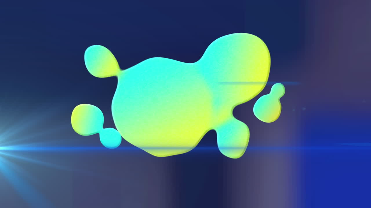 Animation of green and yellow blob and moving beam of light over dark blurred background