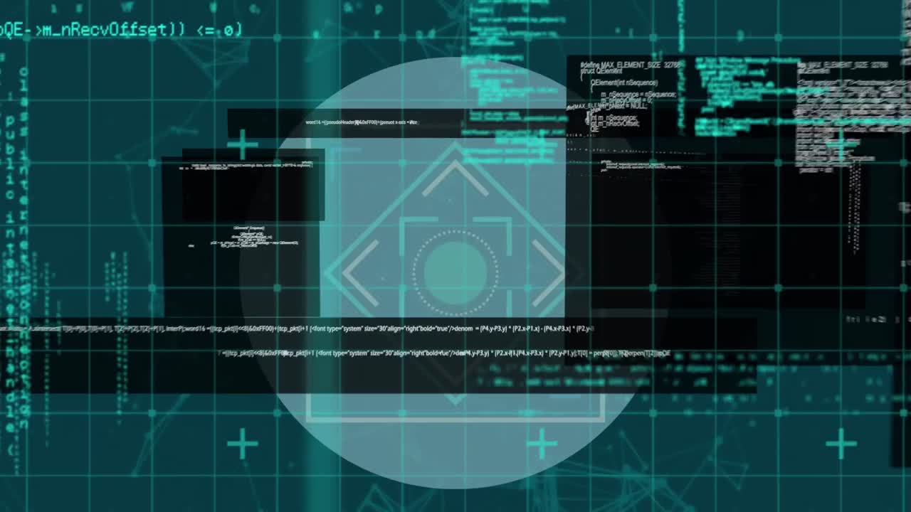 Digital animation of data processing over grid network against blue background