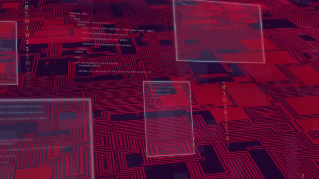 Abstract Red Circuit Board with Animated Code and Binary Data