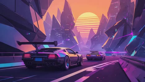 synthwave city drive at sunset