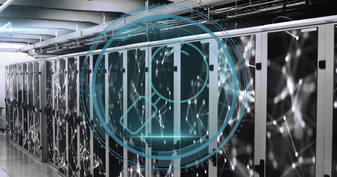 Magnifying glass icon over data servers with network connections animation