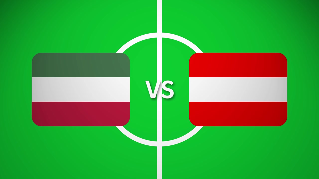 Animated football soccer graphic: Hungary and Austria flags on green field with center circle. "VS" indicates upcoming match. Dynamic sports visualization for international football tournament.