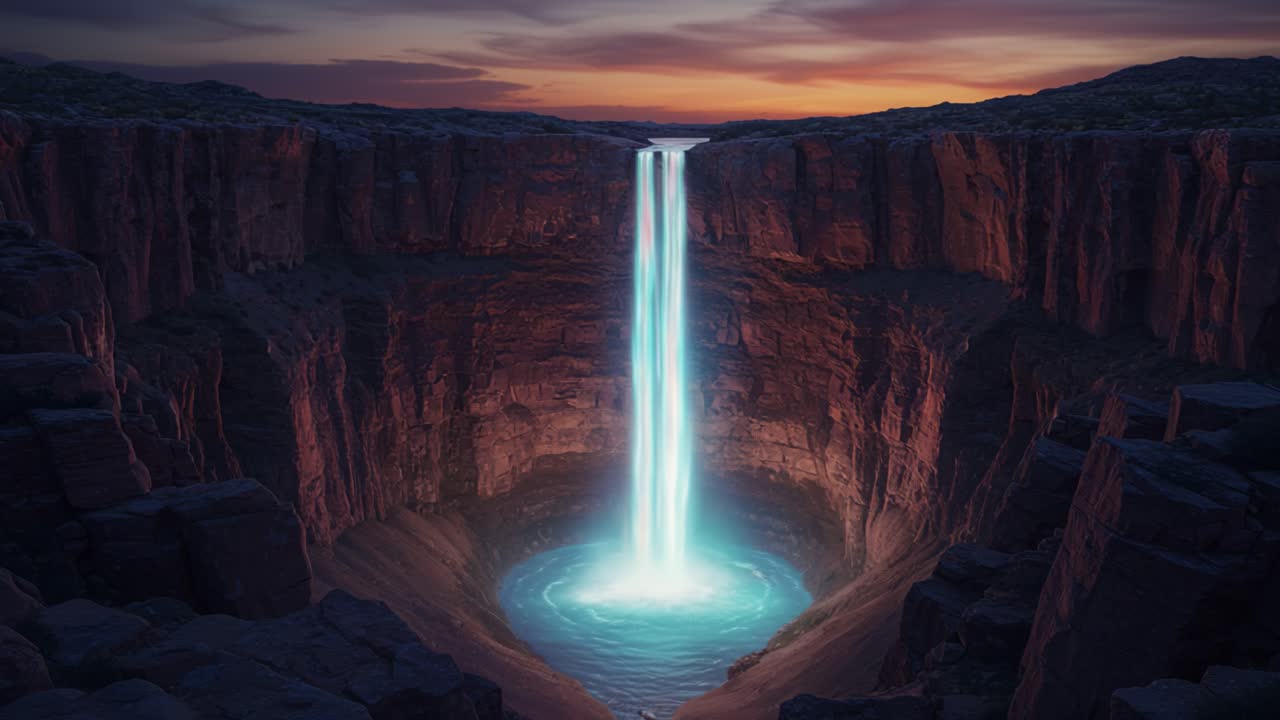 A Stunning Waterfall Cascading into a Grand Canyon at Sunset, Illuminating the Scene with Vibrant Light and Ethereal Blue Waters in a Serene Natural Environment