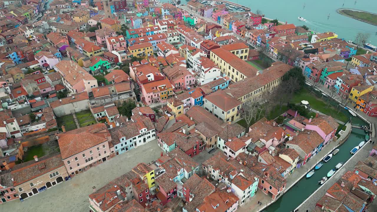 Colorful Houses Aerial Flyover, Burano