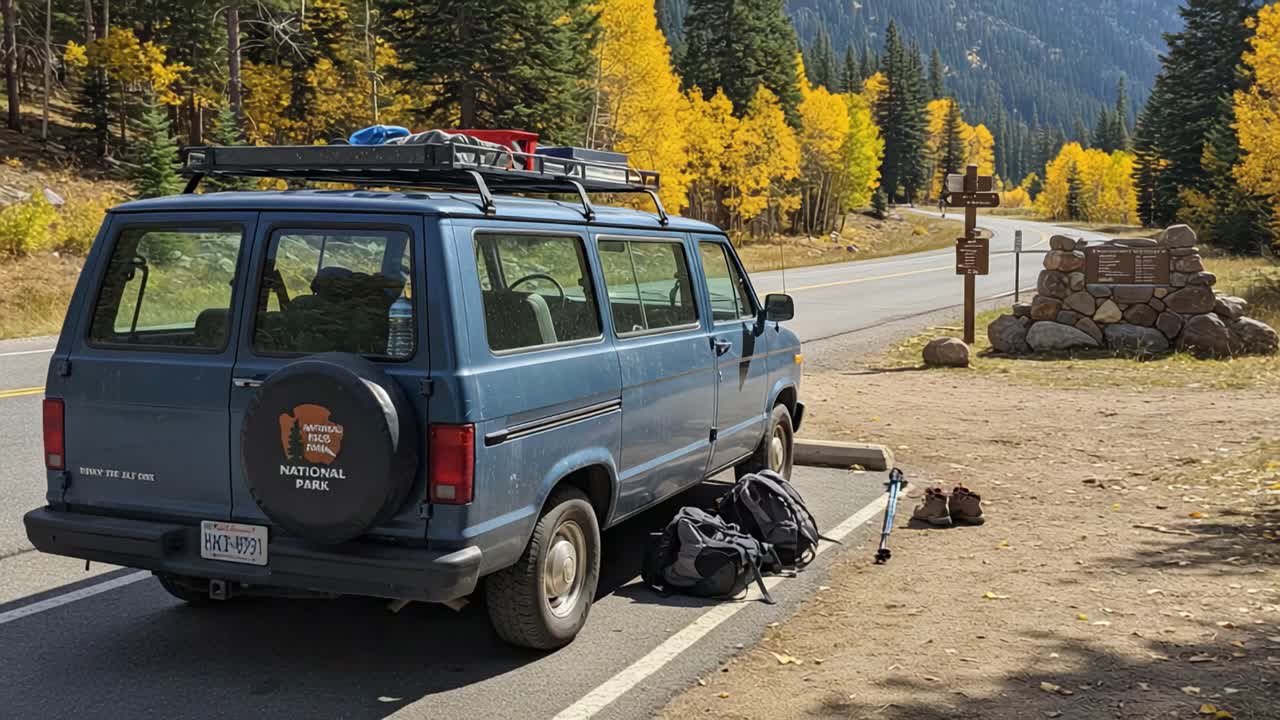 Exploring Nature: A Vintage Van Parked Next to a Scenic Trailhead Surrounded by Vibrant Autumn Foliage and Majestic Mountains in a National Park