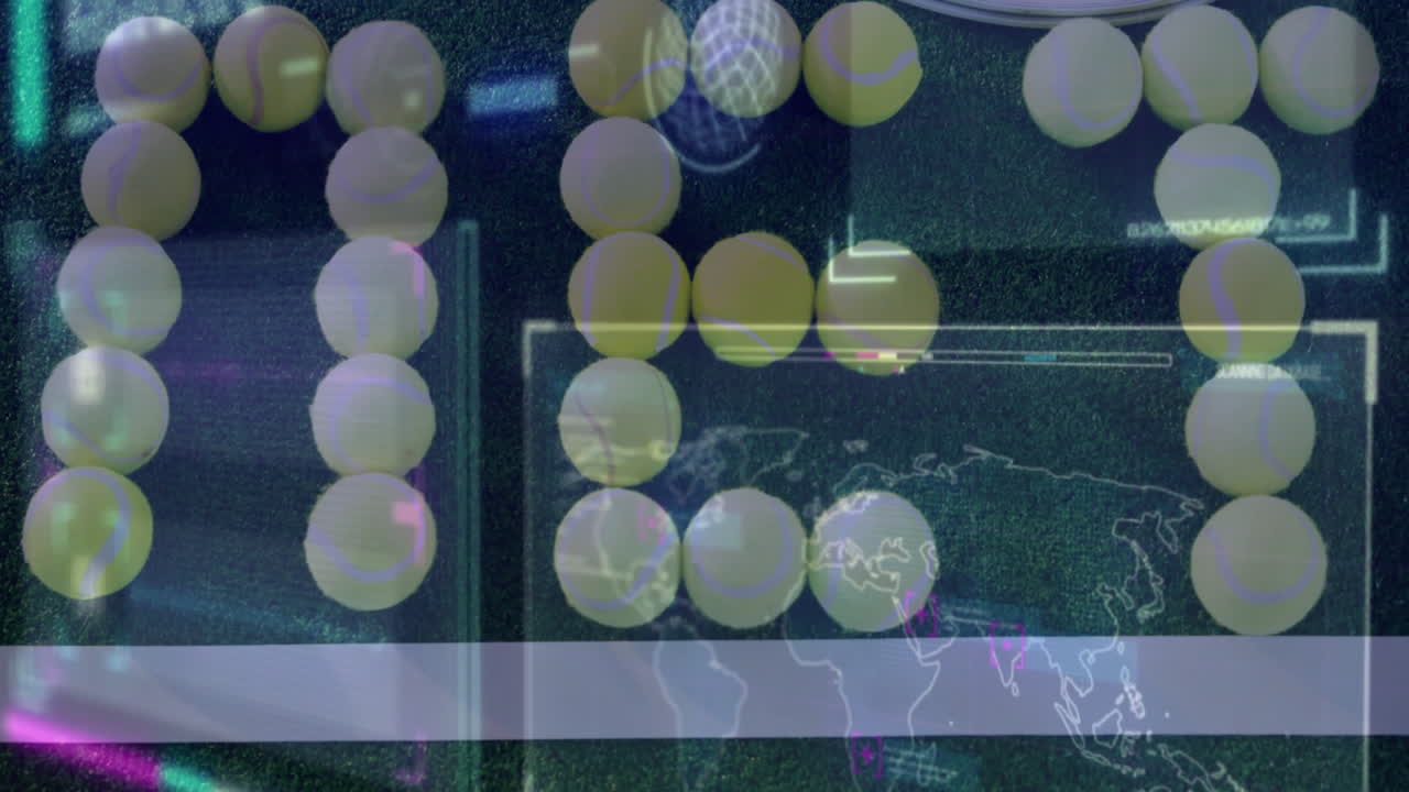 Digital interface running scanning yellow spheres moving across world map and progress bar updating