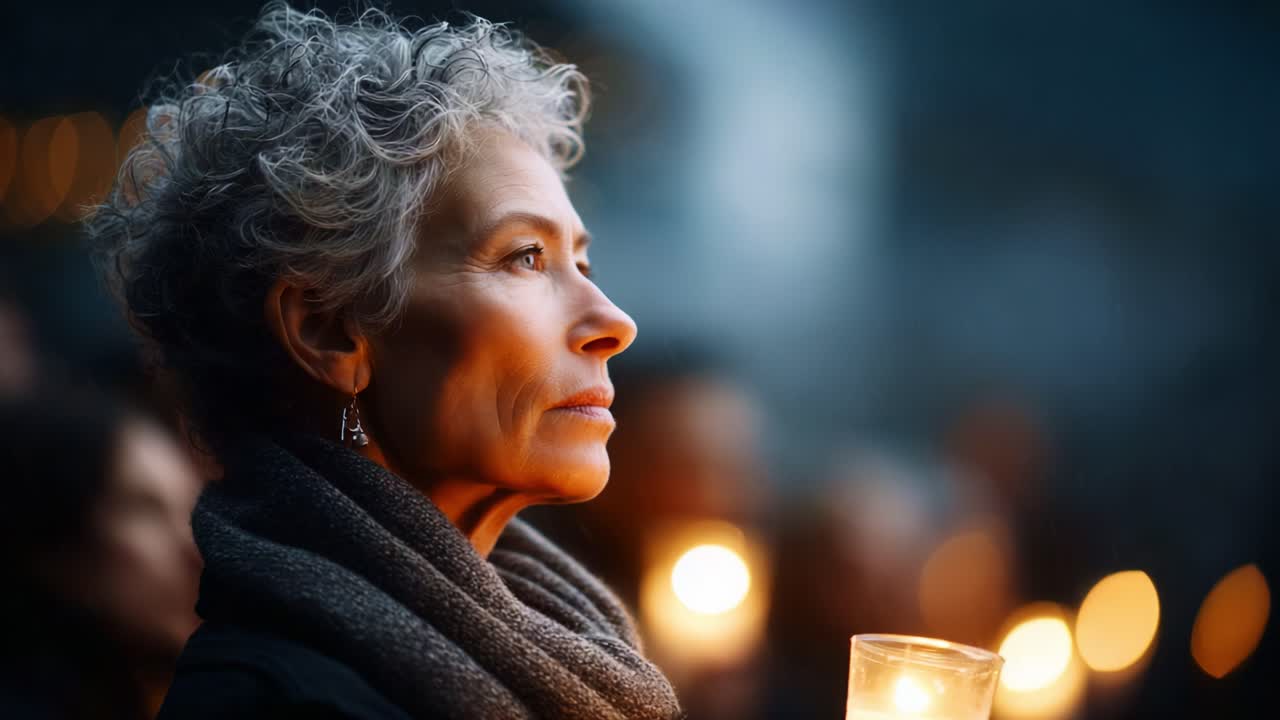 A contemplative woman holds a candle, surrounded by a gathering of individuals in a solemn atmosphere, highlighting themes of light, hope, and remembrance in the twilight setting