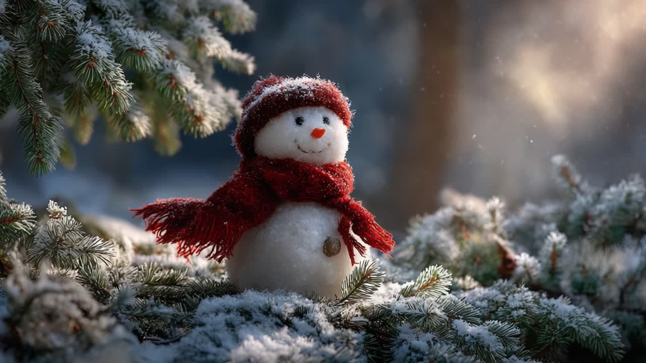 Charming Snowman in Winter Wonderland: A Delightful Scene Capturing the Whimsical Nature of a Snowman Dressed in Red Scarf and Hat Surrounded by Snowy Pine Branches
