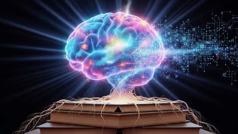 an artistic representation of a glowing brain surrounded by digital connections, emerging from stacks of books, symbolizing knowledge and creativity in the digital age