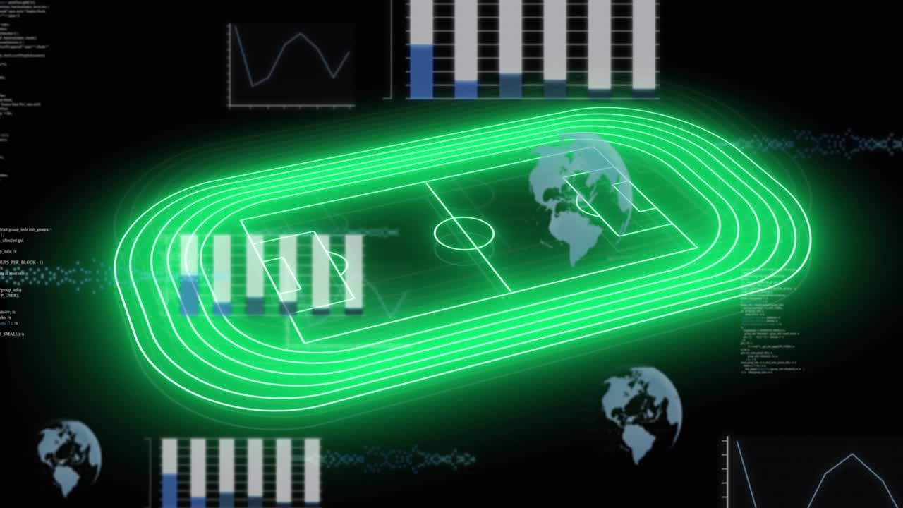 Animation of scope scanning over digital shapes and data processing on blue background